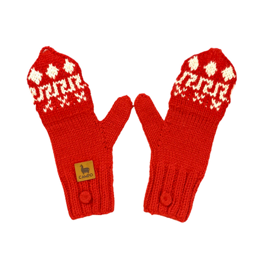 Alpaca Mittens Red with White Design - Fingerless