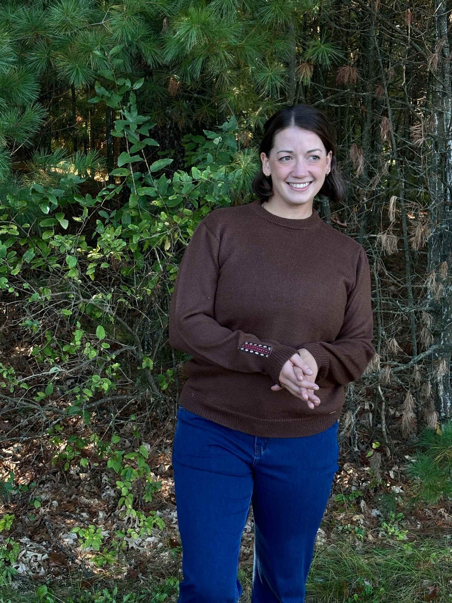 Alpaca Crew Neck Sweater in Brown – Female model  wearing casual fit