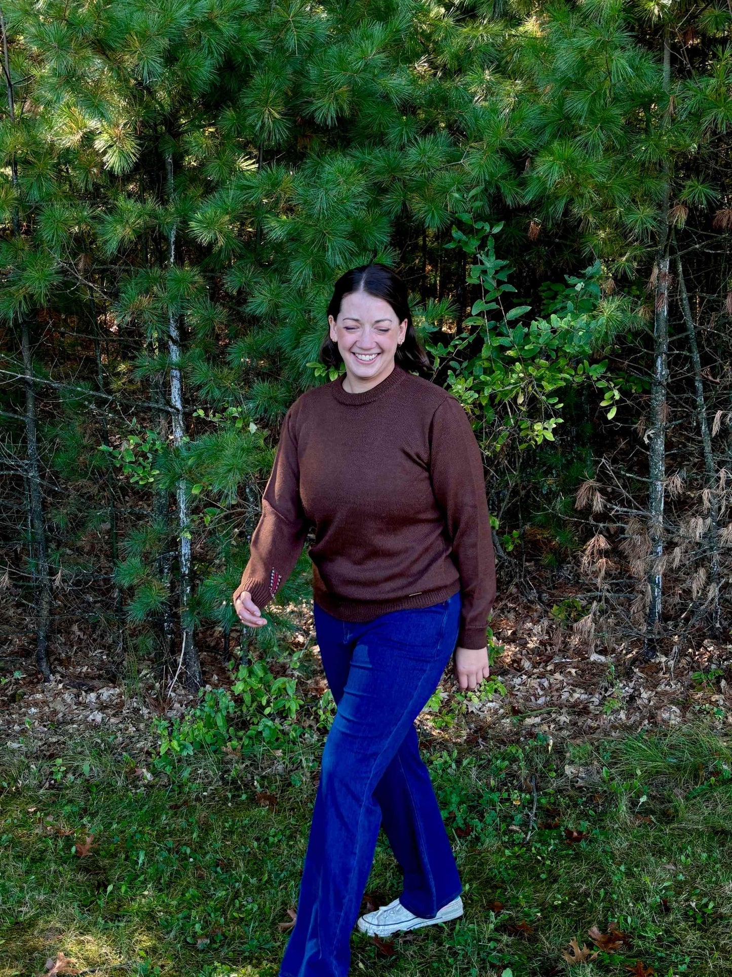 Alpaca Crew Neck Sweater in Brown – Female wearing casual fit 2