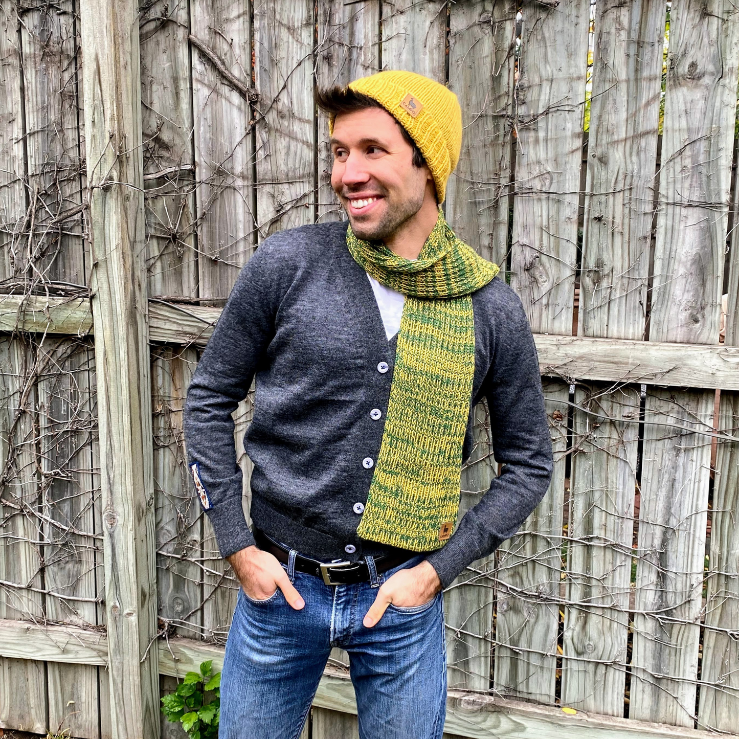 Alpaca Knitted Scarf - Green and Yellow