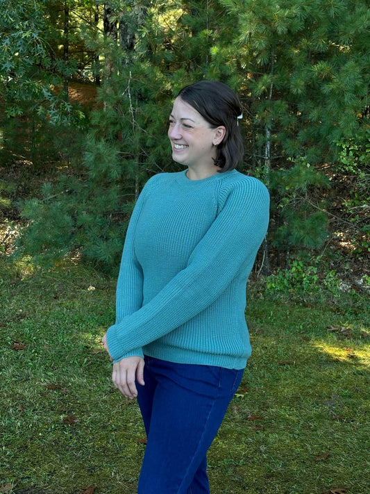 Alpaca Raglan Crew Sweater Teal – side view showing raglan sleeves