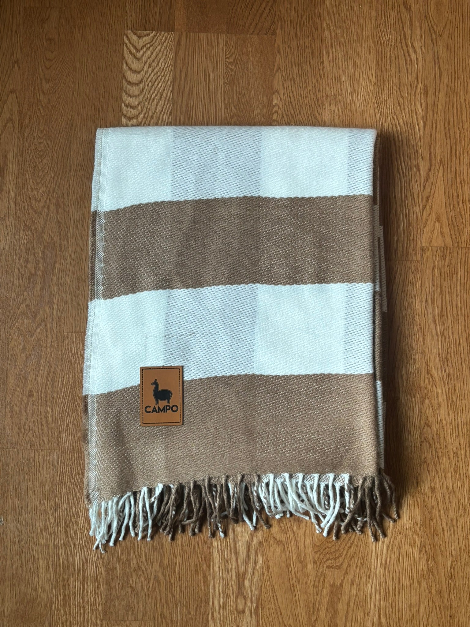 White Tan Campo Alpaca Minimalist Woven Throw Blanket – Carlos design made from soft, natural alpaca fiber