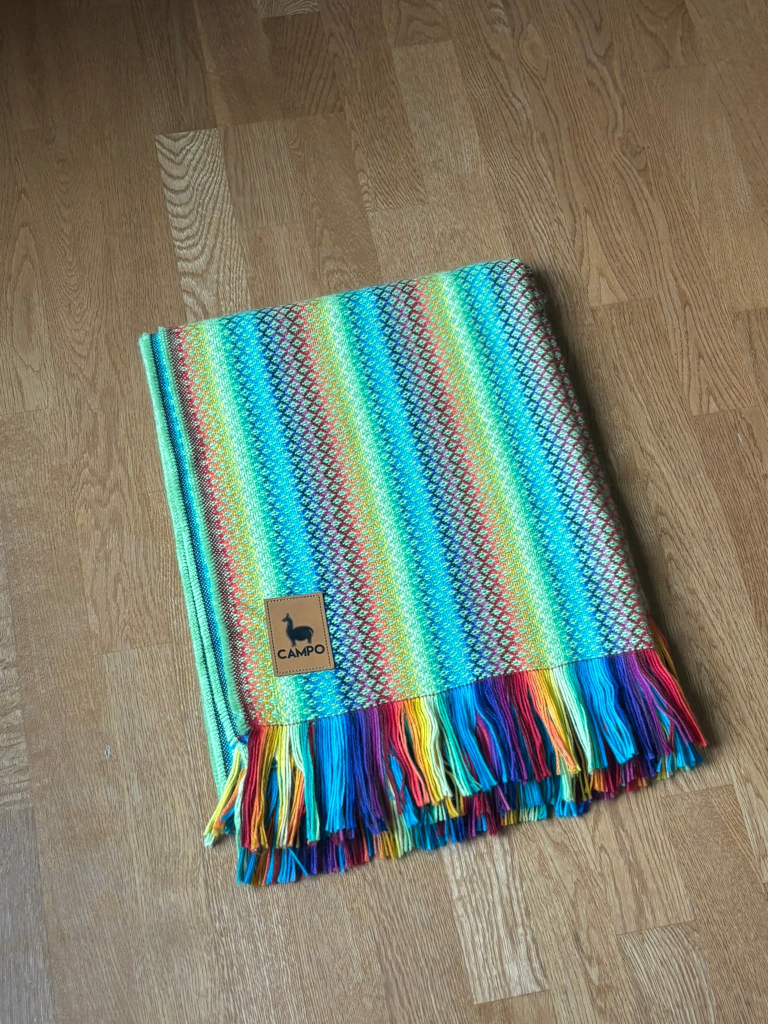 Lime Rainbow Handwoven striped alpaca throw blanket by Campo Alpaca – Carlos collection with cozy, lightweight texture
