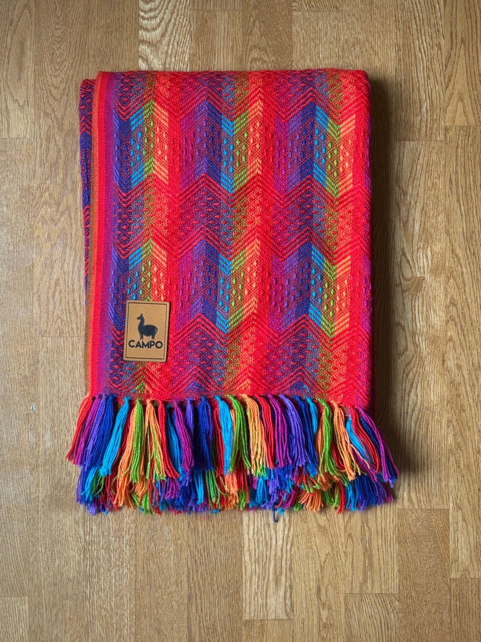 Red Rainbow  Inca Design Alpaca Throw Blanket Percy by Campo Alpaca – premium handwoven alpaca blanket