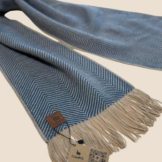 Blue and tan striped scarf with fringes and a visible brand tag on a beige background