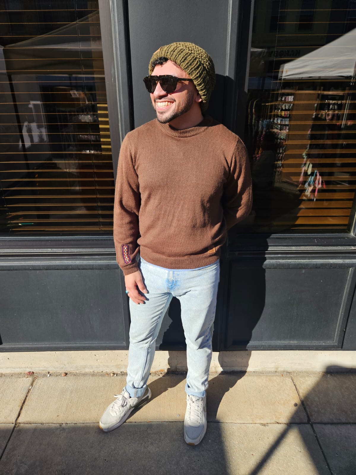 Alpaca Crew Neck Sweater in Brown – Male Model wearing casual fit