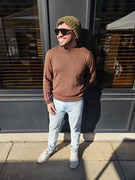Alpaca Crew Neck Sweater in Brown – Male Model wearing casual fit