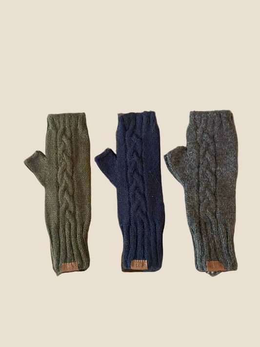 A set of fingerless mittens in cable knit design. They come in three colors: green, blue, and gray.