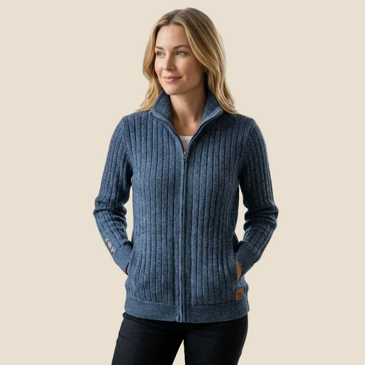 Ribbed Full Zip Alpaca Cardigan - Mock Neck