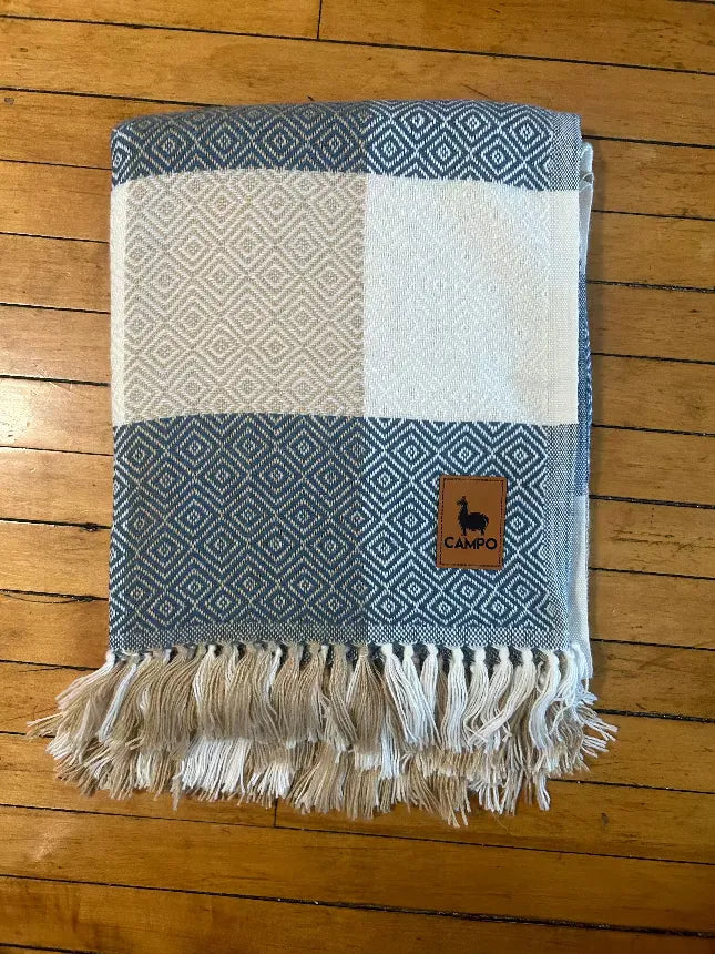 Plaid Checkered Alpaca Blanket - Blue and Tan Diamond Pattern