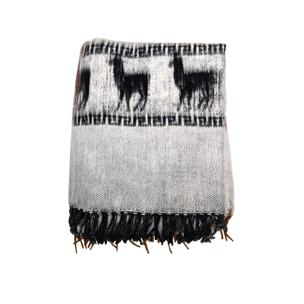 Woven blanket with black llama pattern on a beige background