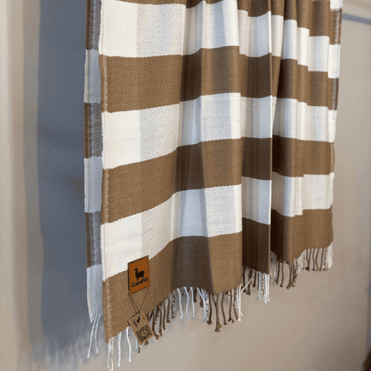 Brown and white striped towel with fringes on a neutral background
