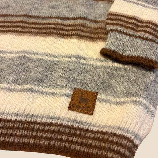 Close-up of Striped Baby Alpaca Crew Neck Sweater laid flat showing fabric texture and stripe details