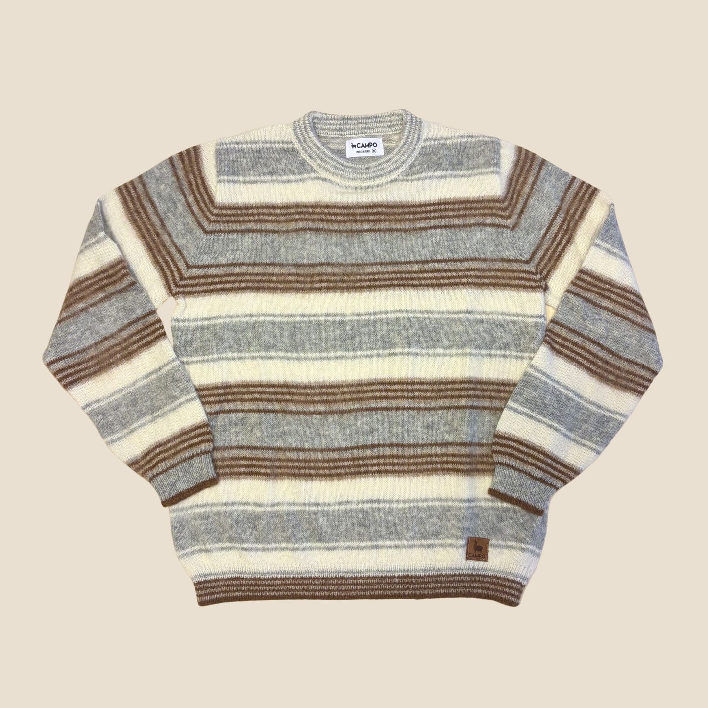 Striped Baby Alpaca Crew Neck Sweater laid flat showing full design and color pattern