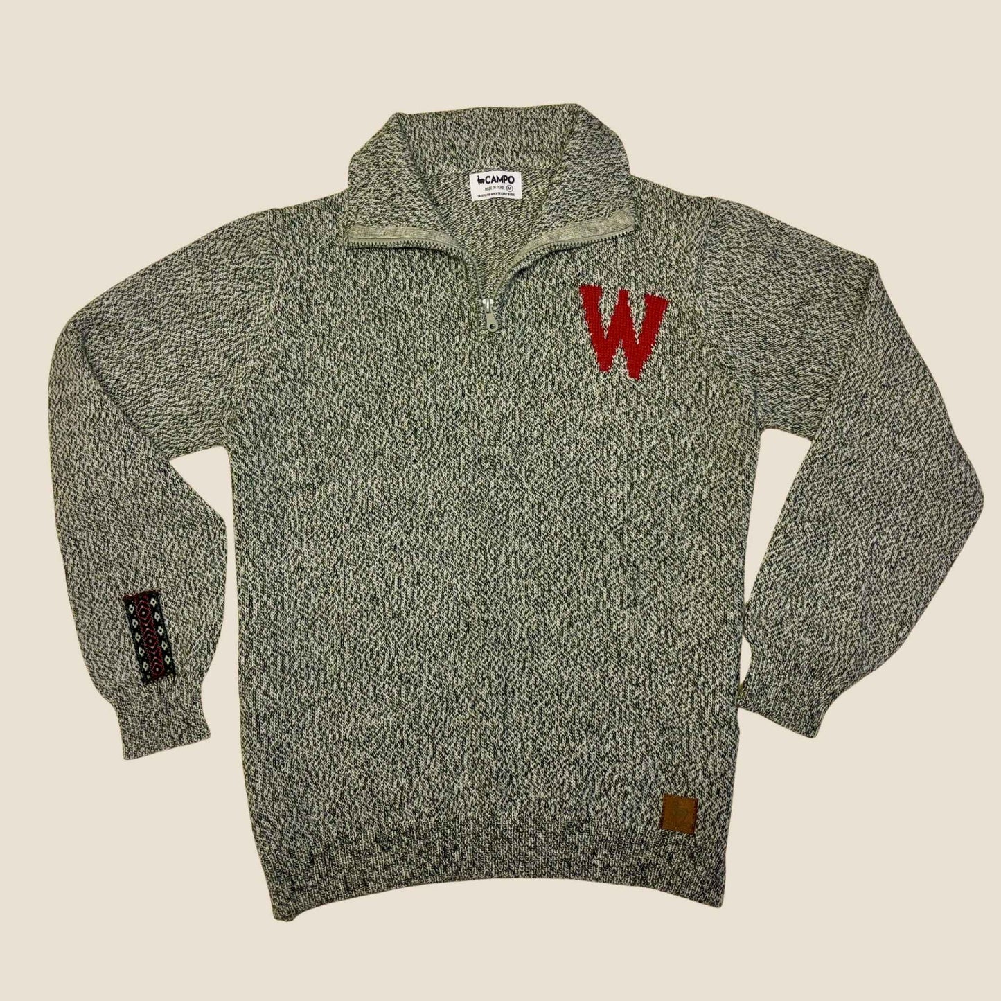 W Quarter Zip-Up Alpaca Sweater in Salt & Pepper flat lay showing full design