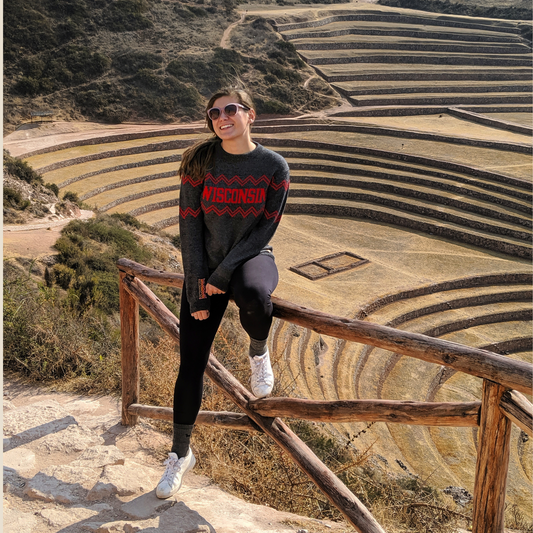 Person standing on a wooden railing with terraced fields in the background