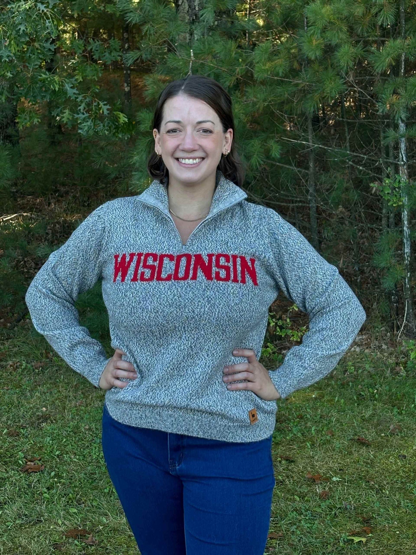 Wisconsin Quarter Zip-Up Alpaca Sweater in Salt & Pepper color – model 3 front view
