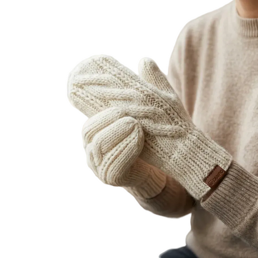 Person wearing beige knitted gloves with a wooden tag, sitting at a wooden table with a mug.