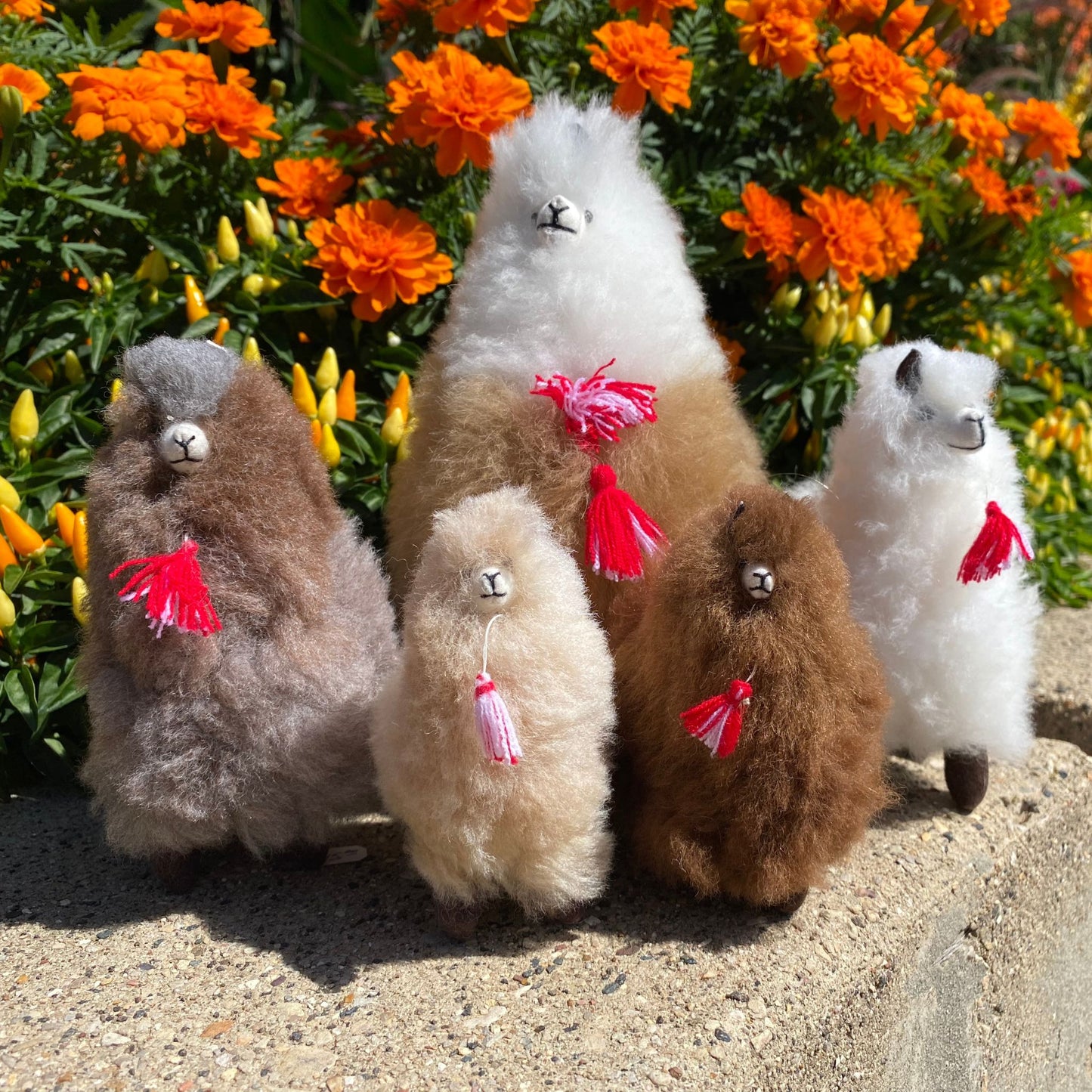 Five fluffy toys alpaca with red tassels standing on a stone surface with flowers in the background.
