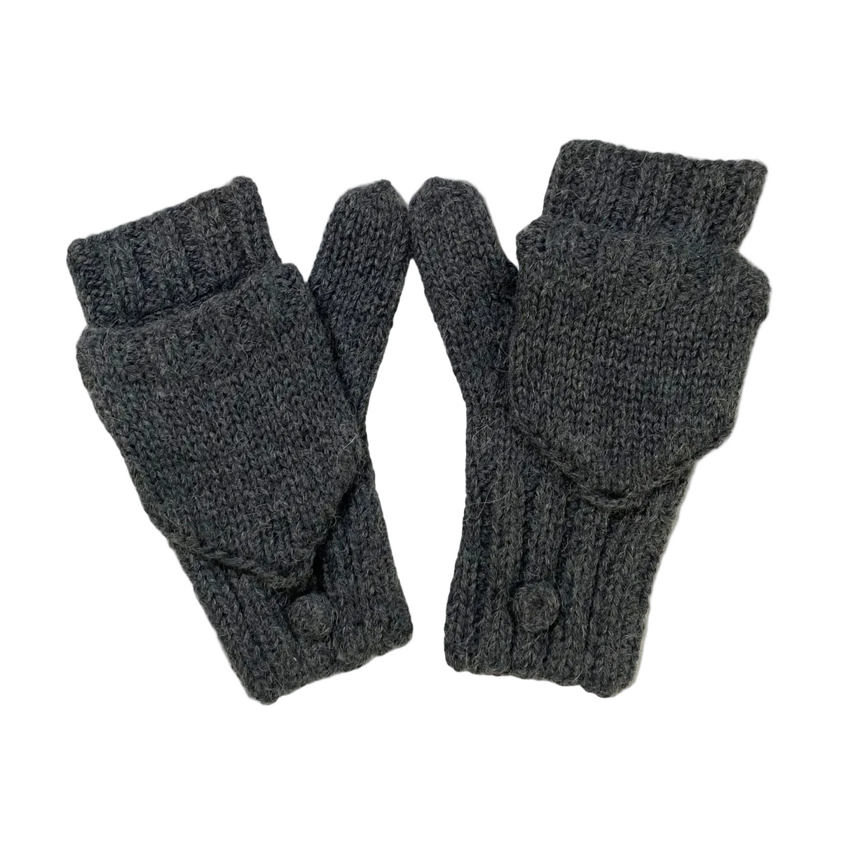 Pair of dark gray knitted fingerless gloves on a beige background