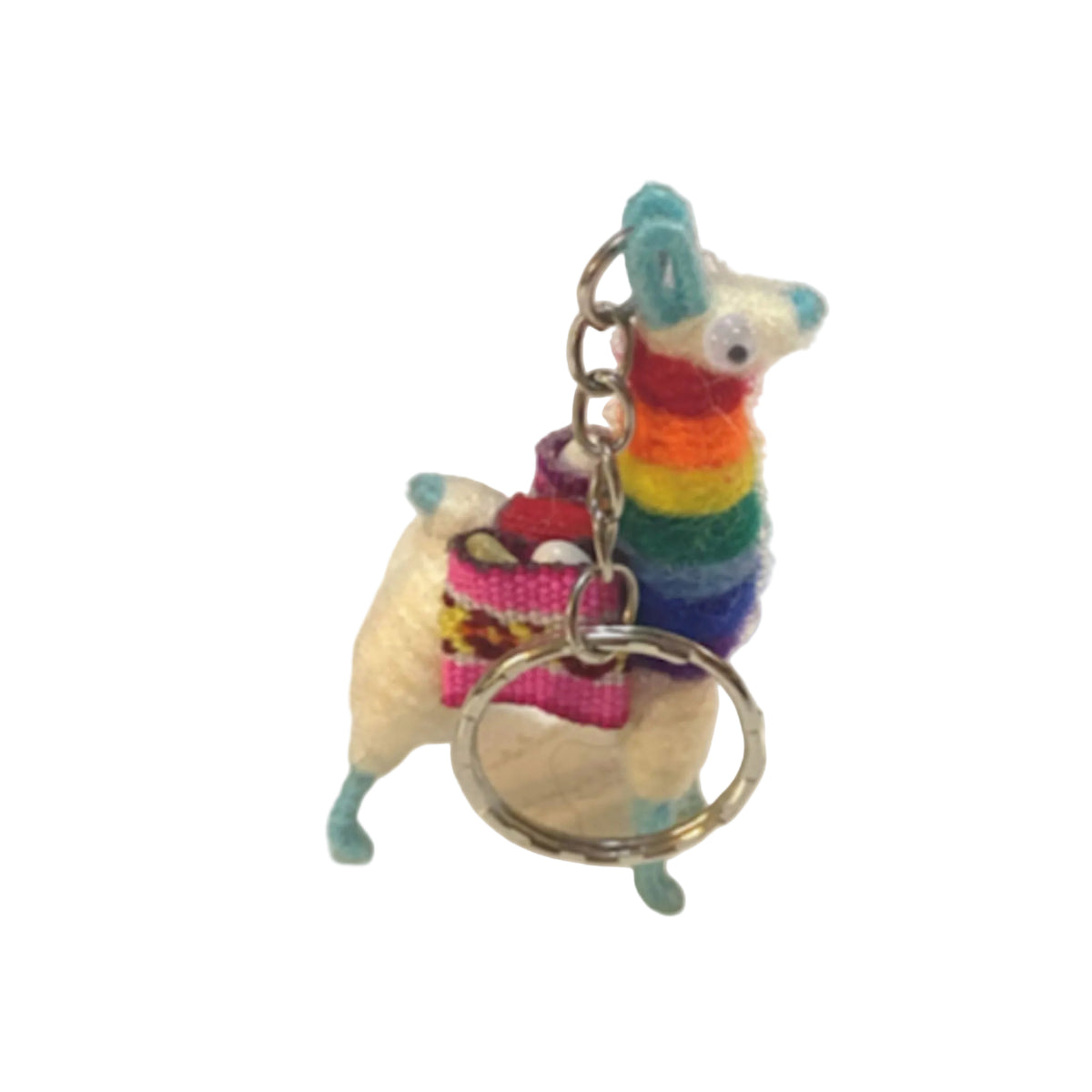 Colorful alpaca-shaped keychain with a heart charm on a beige background