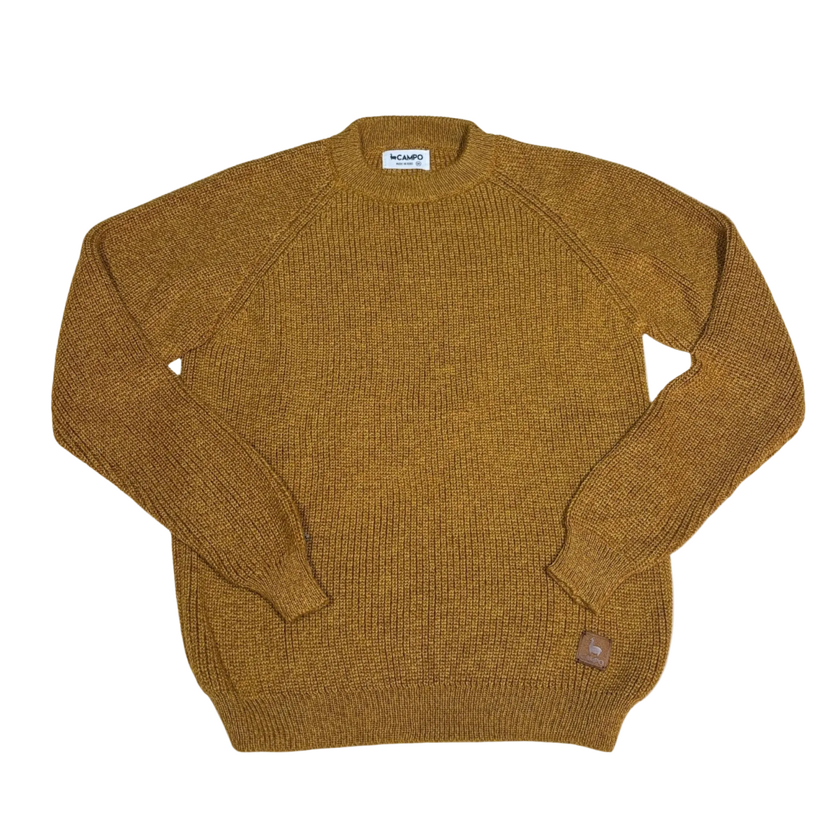 Brown sweater with a visible brand label on a beige background