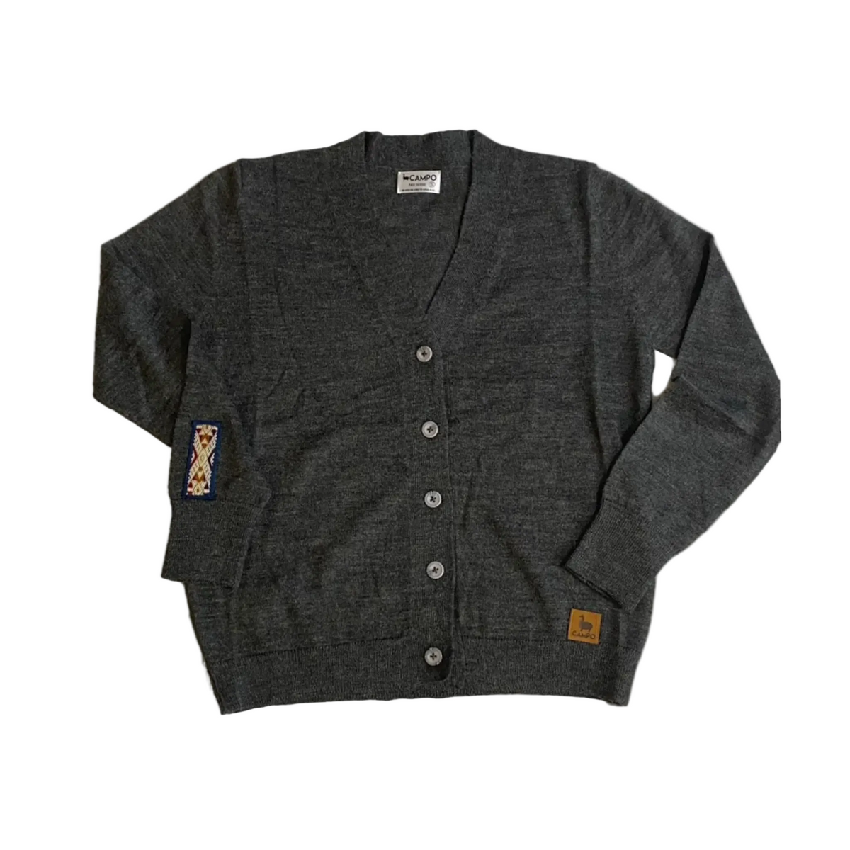 Dark gray cardigan with button details on a beige background