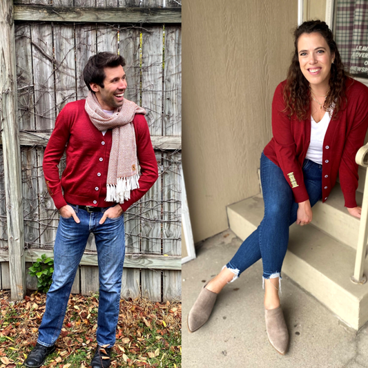 Two people wearing red cardigans outdoors, one in a garden and the other on steps.