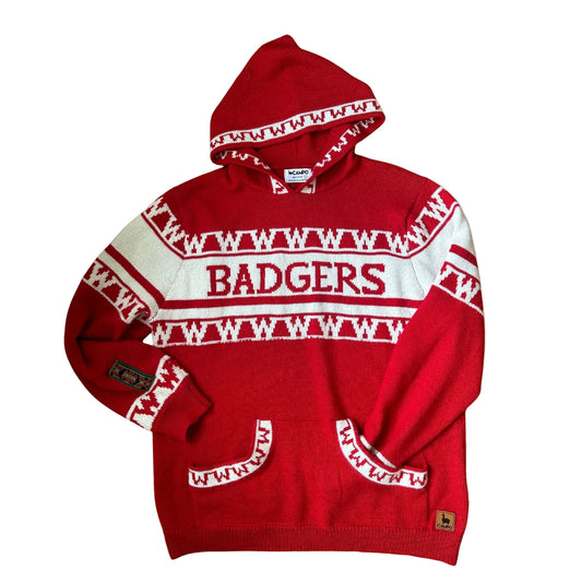 Red hoodie with white pattern and 'BADGERS' text on a beige background
