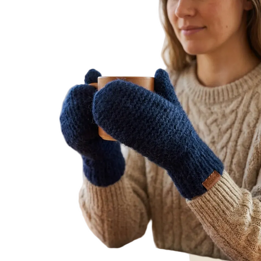 Person wearing blue mittens holding a mug indoors