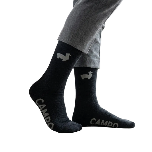 Person wearing black socks with dog illustrations and 'Camco' branding indoors.