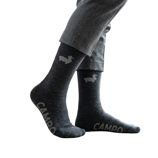 Person wearing dark gray socks with a logo, standing indoors.
