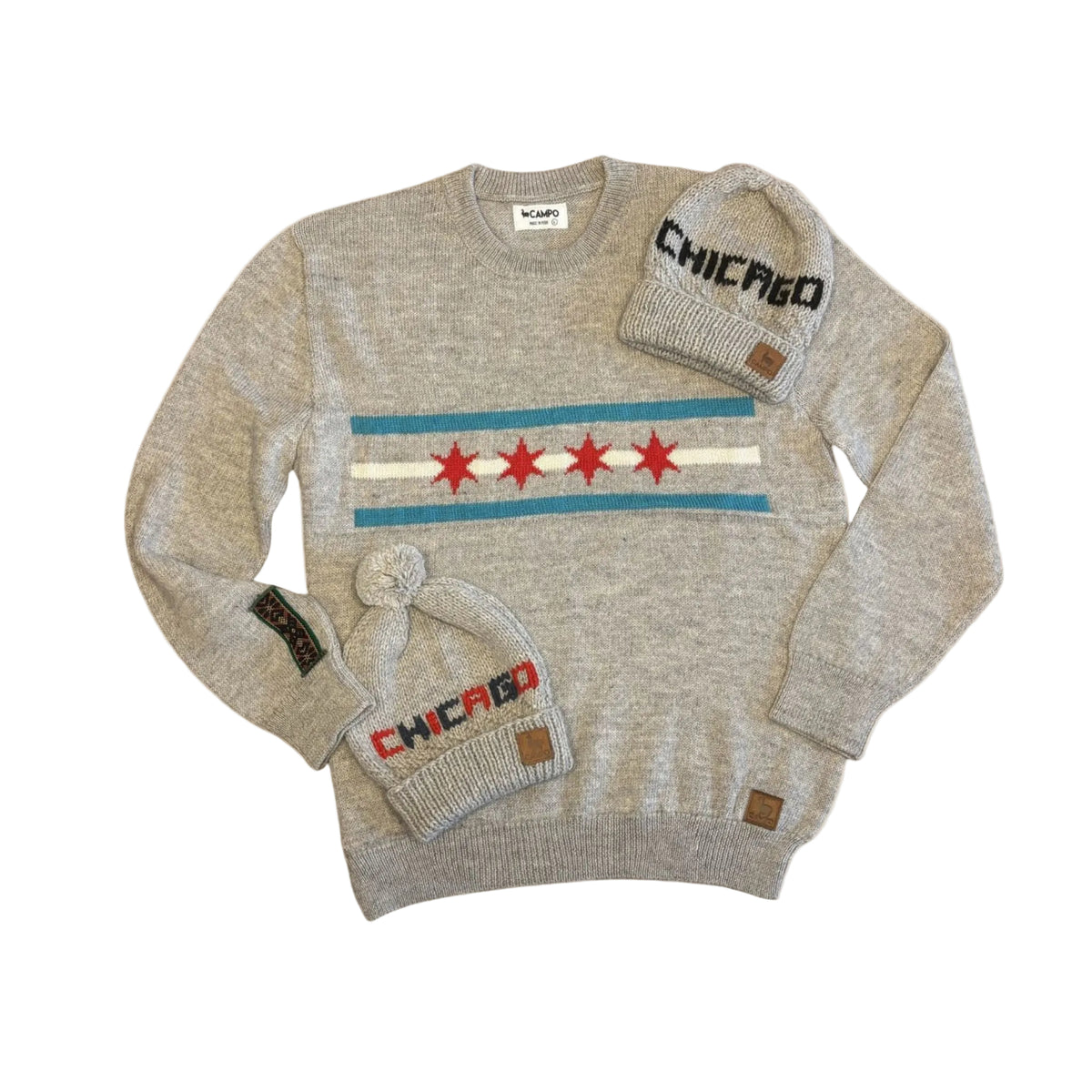 Gray sweater and matching beanie with 'Chicago' text on a beige background