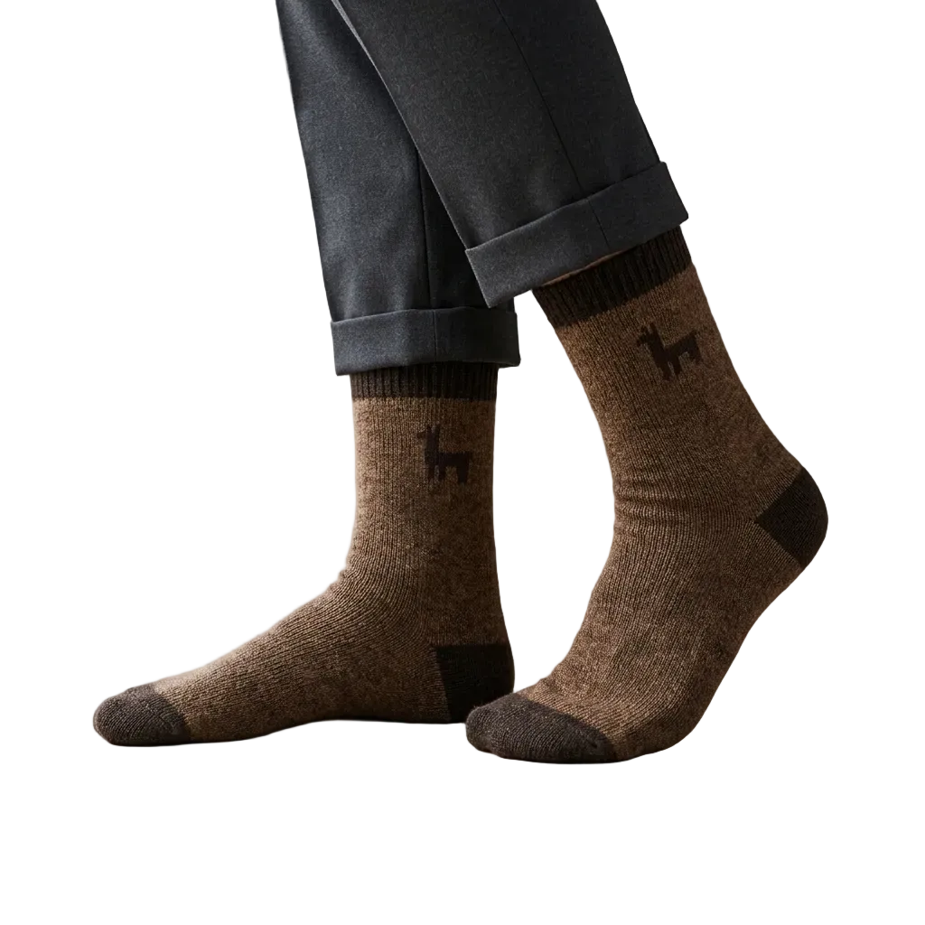 A pair of brown crew socks with black heels, toes, and cuffs, featuring a small black dog silhouette printed on the side. The socks are modeled with dark gray cuffed trousers against a solid light beige background.