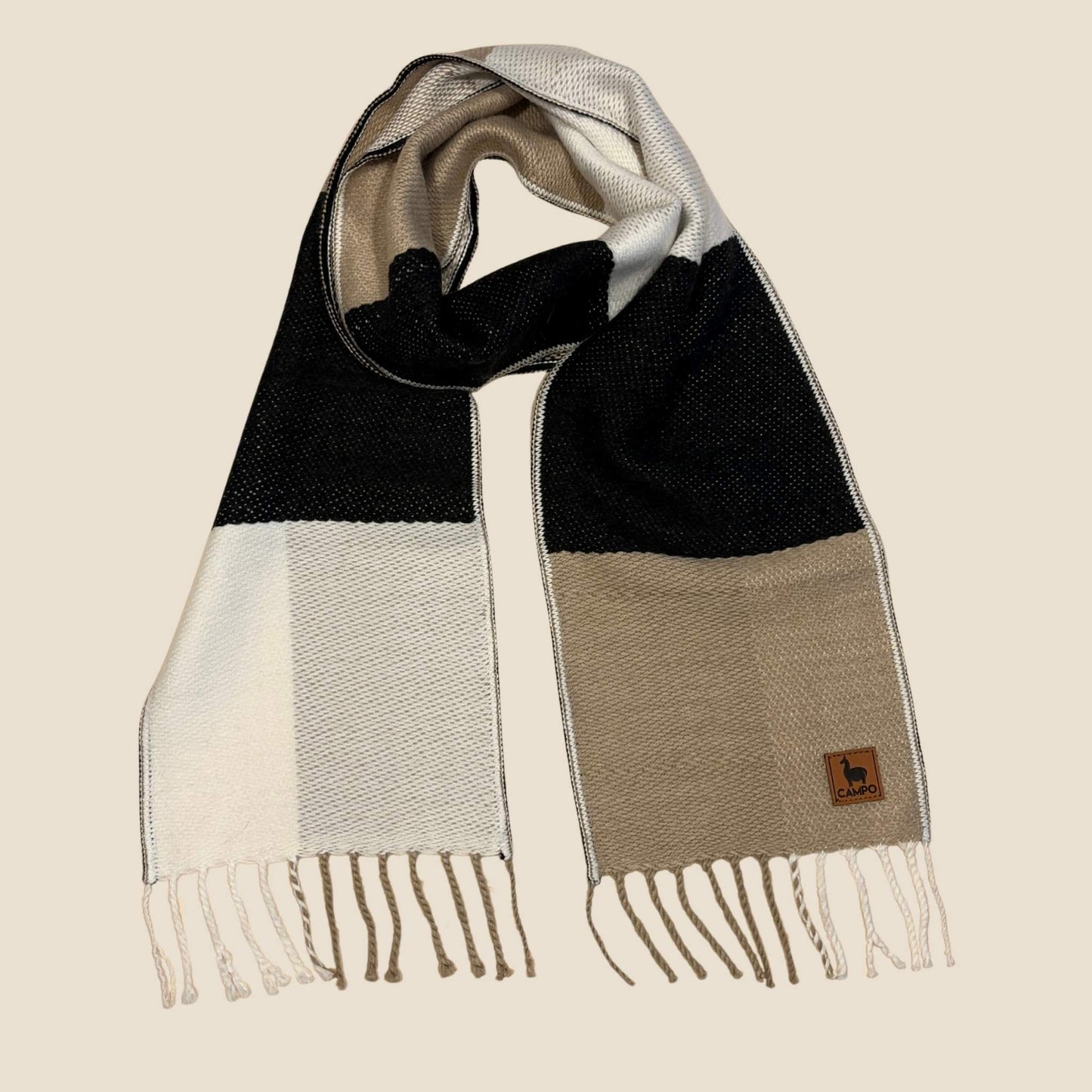 Color-blocked scarf with fringes on a beige background