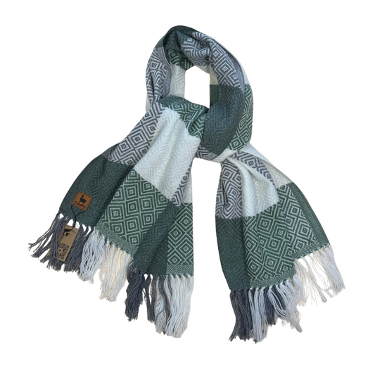 Woven scarf with geometric pattern and fringes on a beige background