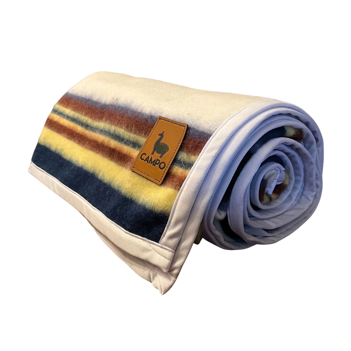 Rolled-up blanket with striped pattern and 'Campo' logo on a beige background