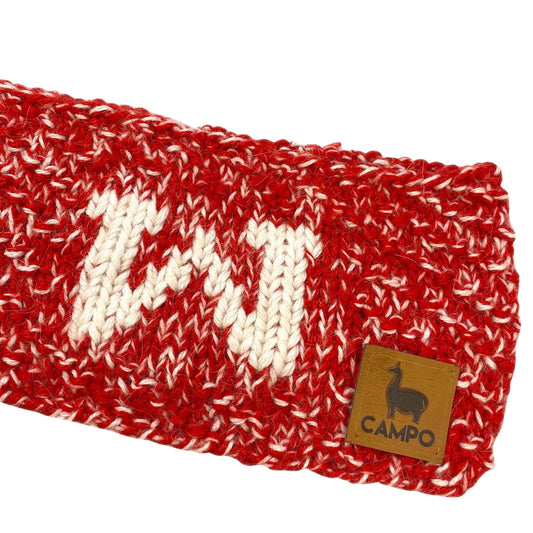Red and white Alpaca Headband with 'CAMPO' brand label on a beige background