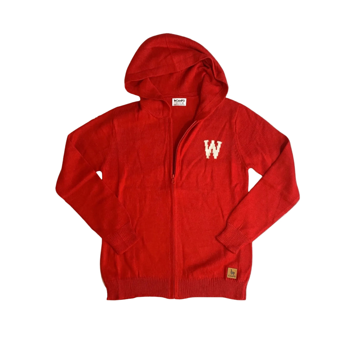 Red hoodie with a logo on a beige background