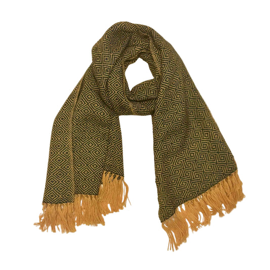 Green patterned scarf with brown fringes on a beige background