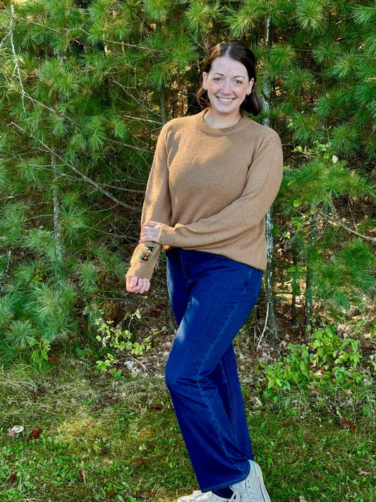 Alpaca Crew Neck Sweater in Hazelnut – model wearing relaxed fit style
