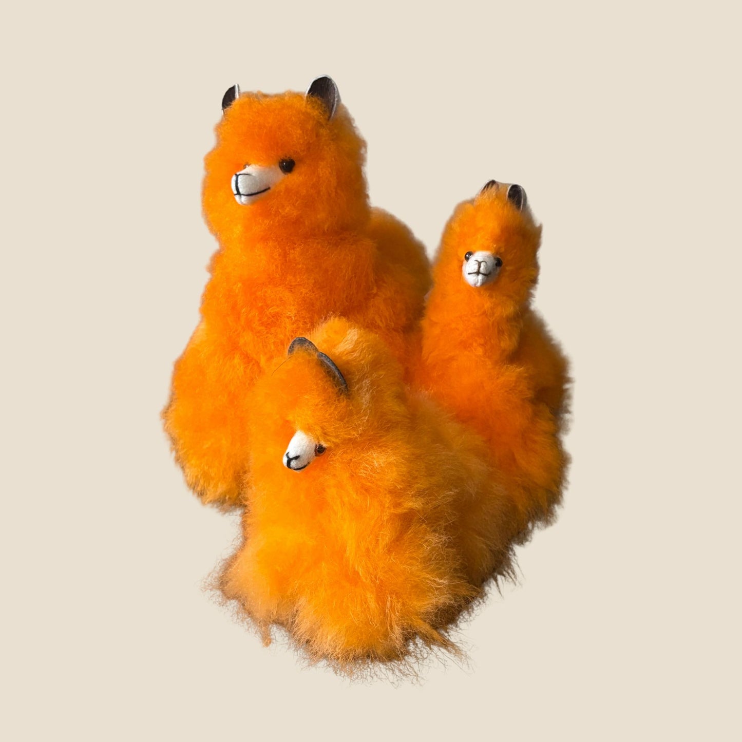 Three orange plush toys resembling alpaca  on a beige background