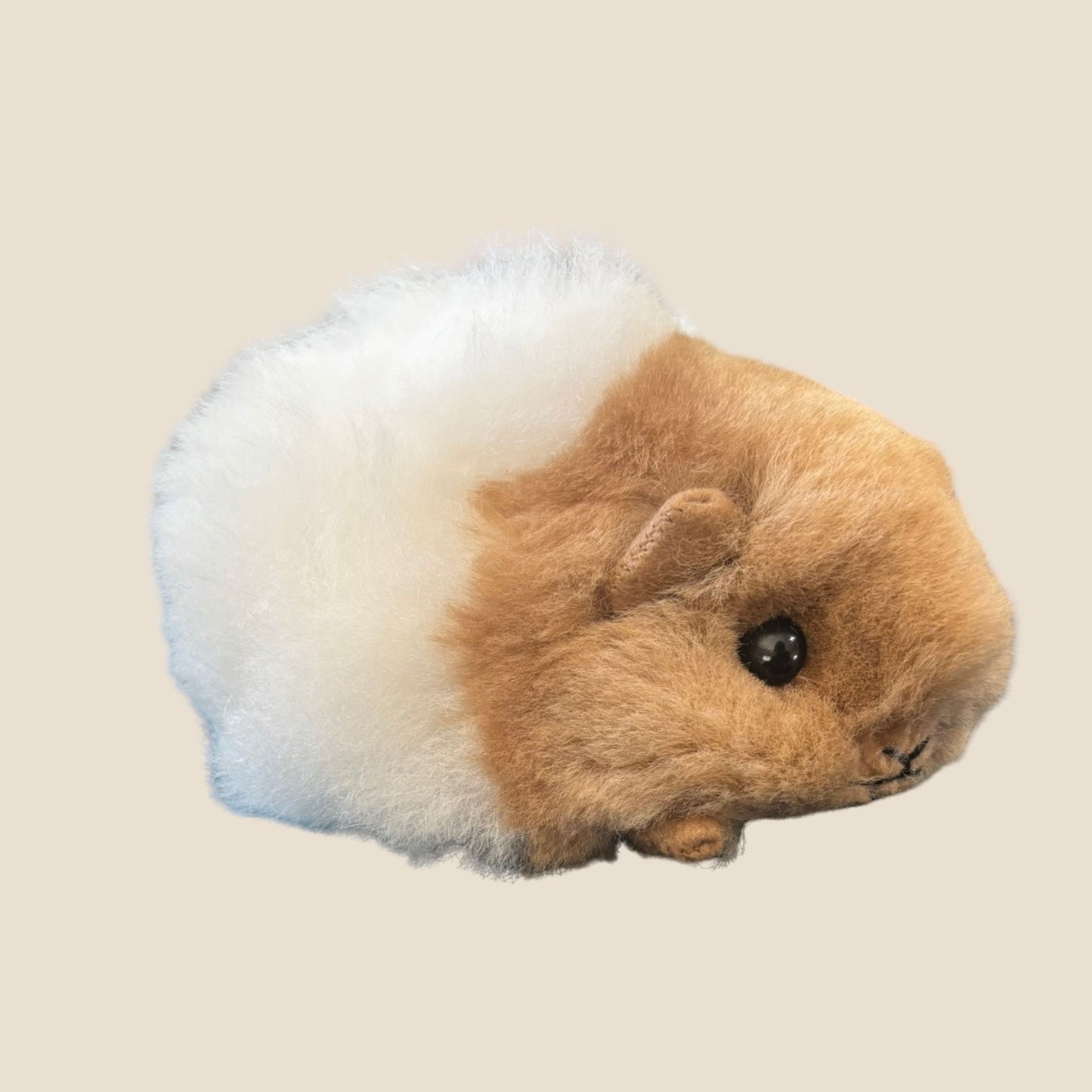 Plush toy resembling a guinea pig with a white bottom and brown top on a beige background