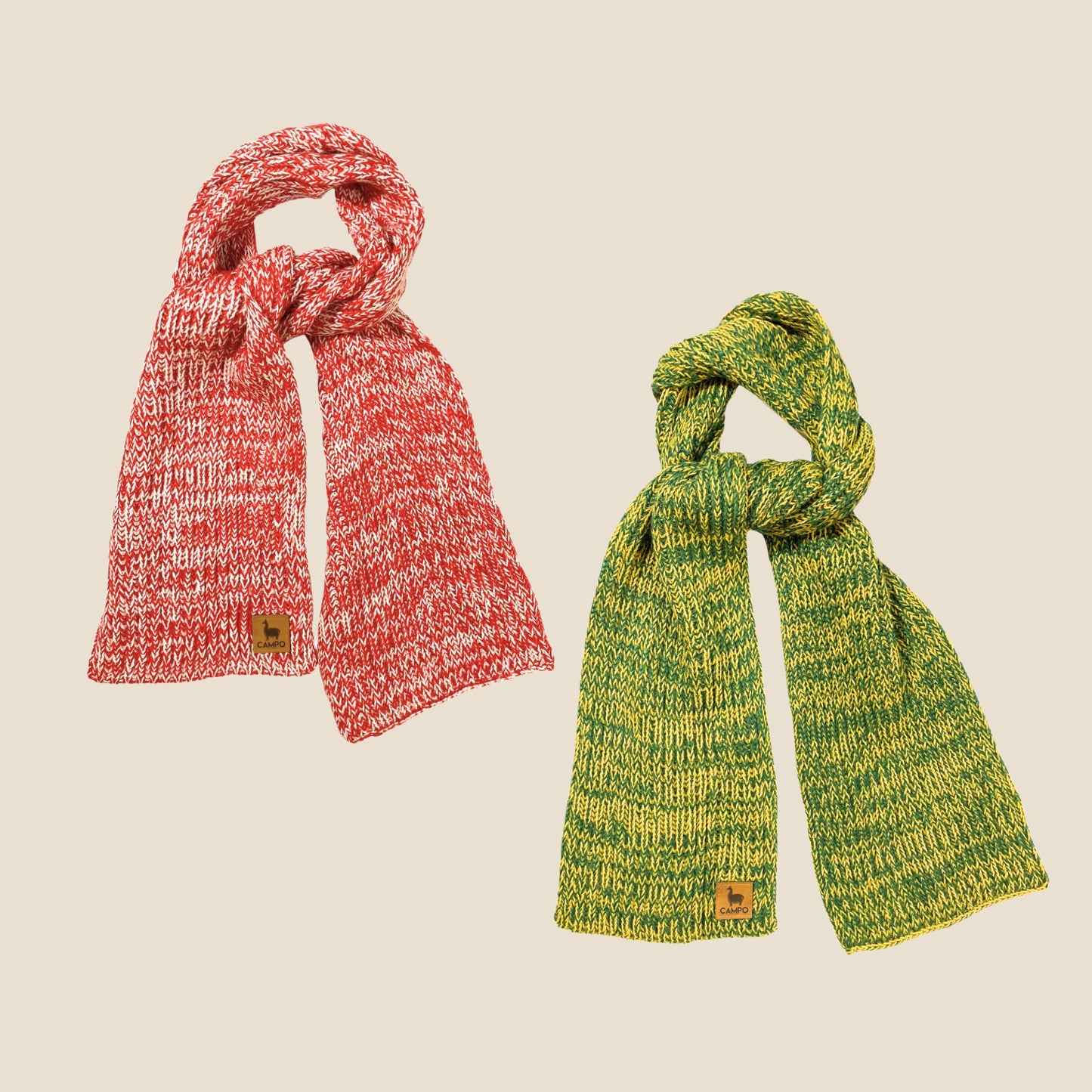 Two scarves, one red and one green, on a beige background.