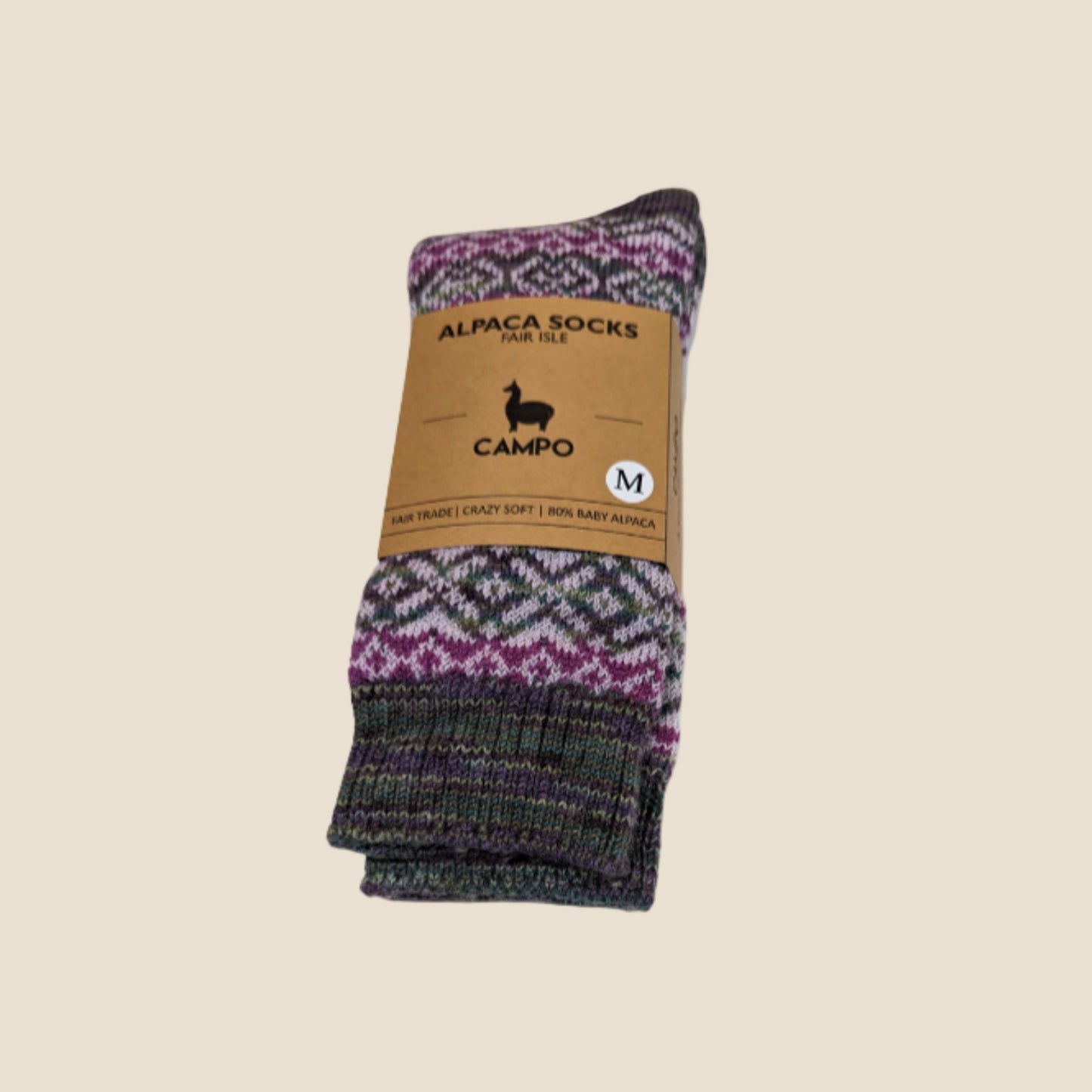 Pair of patterned alpaca socks with a 'Campo' label on a beige background