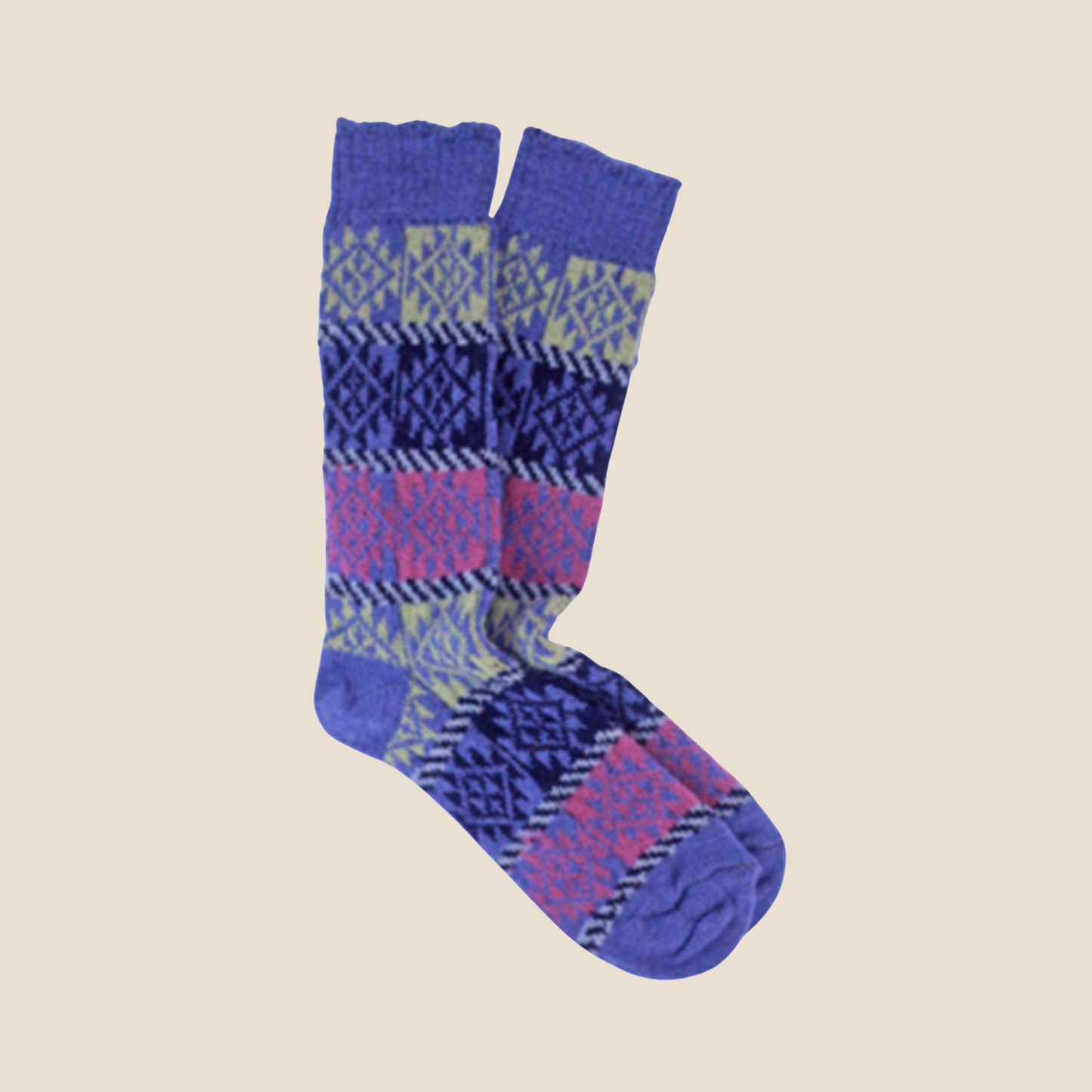 Pair of Lilac patterned socks on a beige background