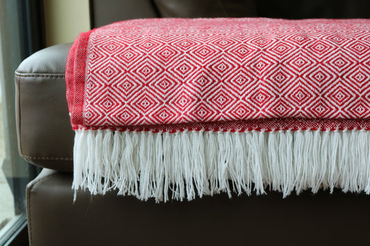 Red & White Alpaca Blanket with W Crest