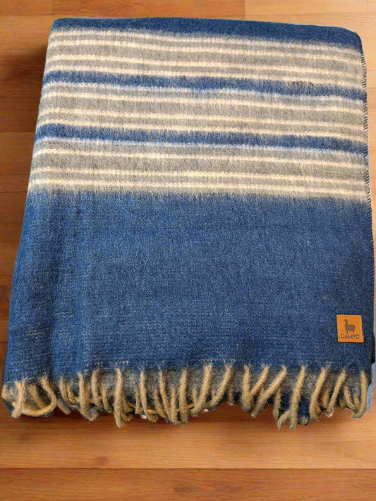 Blue and white striped blanket with frayed edges on a green background