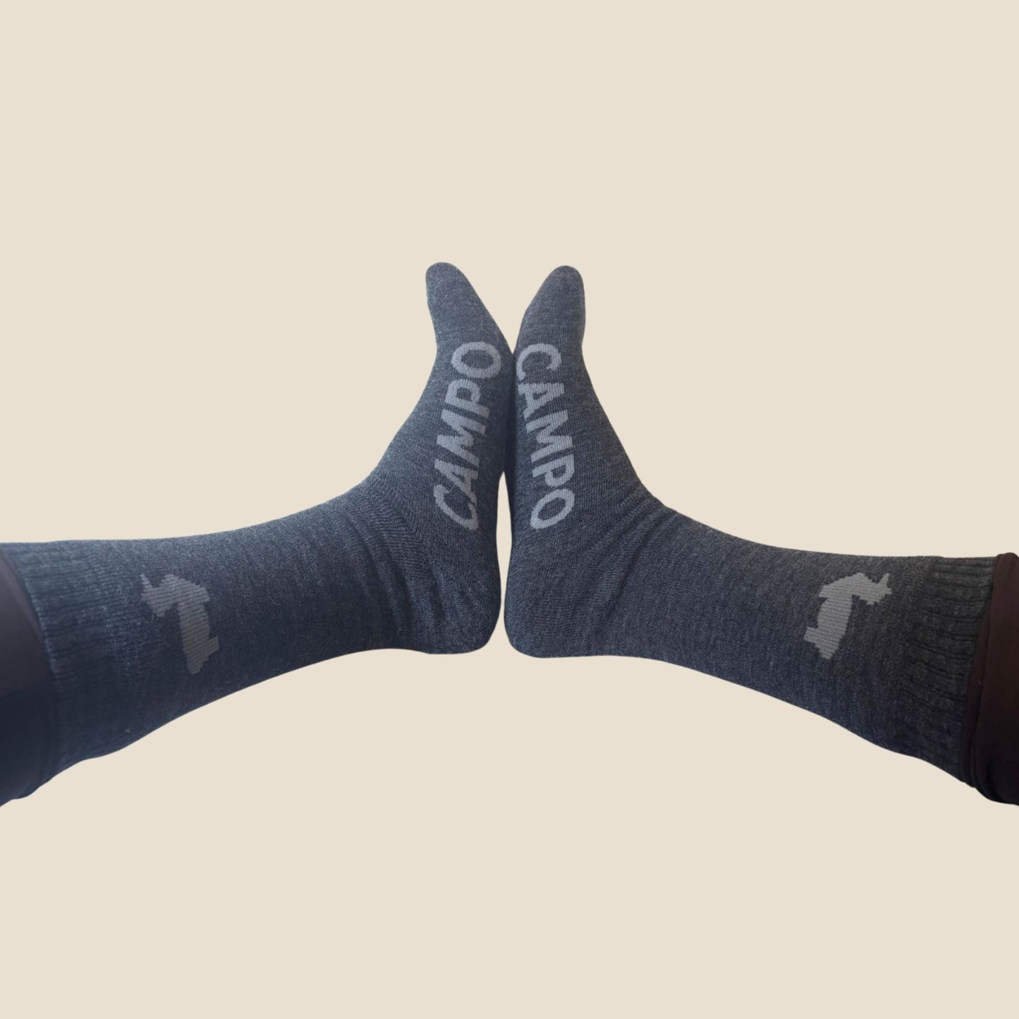 Gray socks with 'Campo' branding on a beige background