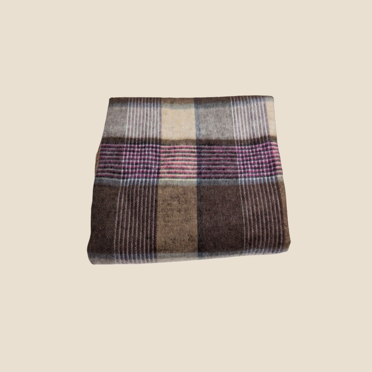 Plaid fabric swatch with purple, brown, and gray pattern on a beige background